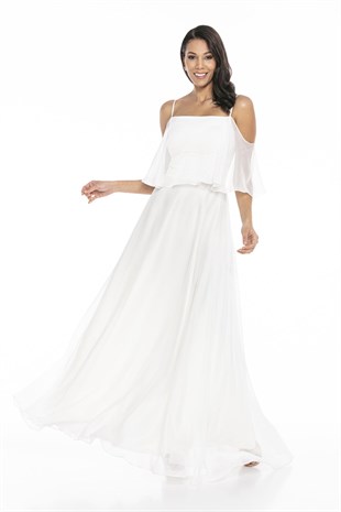 Beyaz Askılı Yırtmaç Detaylı Şifon Elbise